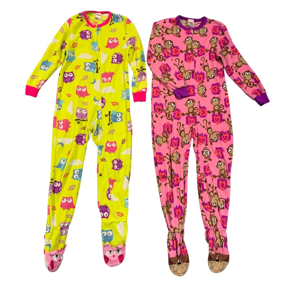 Circo Girls Footed Pajamas 2-Pack Size S 6/6x Fleece Owls Monkeys Bright Colors‎